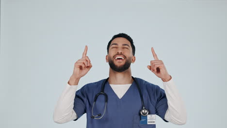 Medical-nurse,-man-and-face-with-pointing-up
