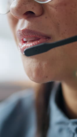 Woman,-mouth-closeup-and-consulting-in-call