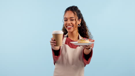 Coffee,-donut-and-happy-waitress
