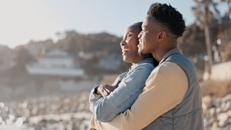 Black-couple,-ocean-view-and-hug-with-love