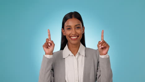 Happy-business-woman,-pointing-up