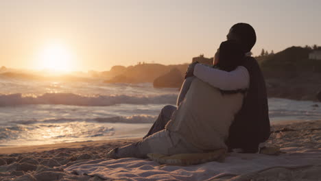 Couple,-sunset-and-beach-with-love