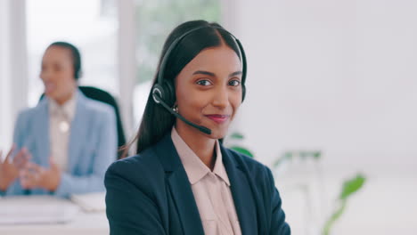 Call-center,-face-and-happy-woman-in-office