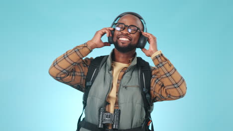 Hiking,-smile-and-black-man-with-headphones