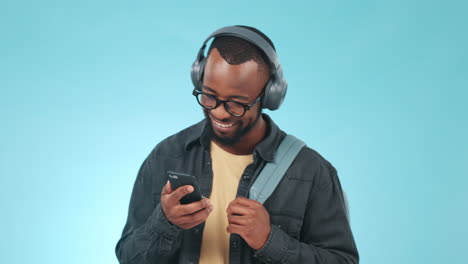 Black-man,-headphones-and-student-with-phone