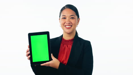 Geschäftsfrau,-Grüner-Tablet-Bildschirm