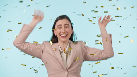 Happy,-face-and-business-woman-with-confetti