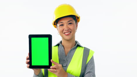 Mujer-Ingeniera,-Pantalla-Verde-De-Tableta