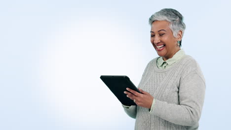 Tablet,-comic-and-happy-senior-woman-laugh