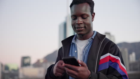 Black-man,-scroll-and-happy-with-phone-in-city