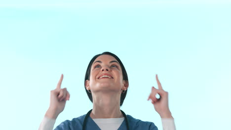 Doctor,-pointing-up-or-face-of-happy-woman-by