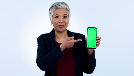 Business-woman,-pointing-or-green-screen