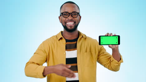 Black-man,-pointing-and-phone-green-screen