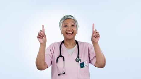 Doctor,-face-and-pointing-up-by-senior-woman