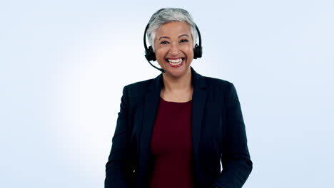 Call-center,-headset-and-woman-with-hand-gesture