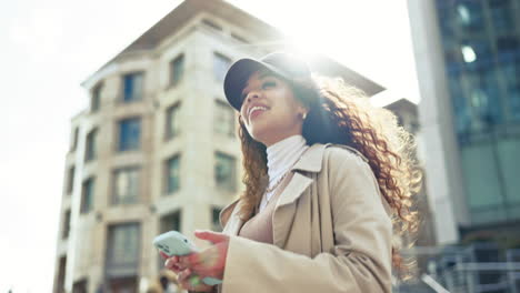 Outdoor,-smile-and-woman-with-a-smartphone