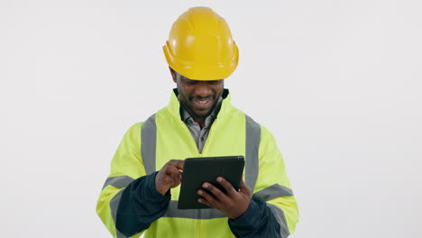 Happiness,-man-and-construction-worker-with-tablet