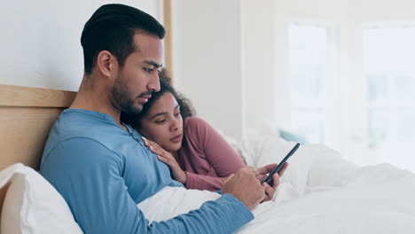 Phone,-relax-and-couple-in-bed-networking