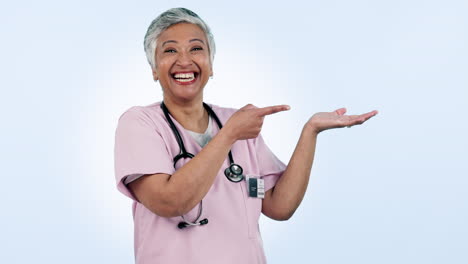 Presentation,-senior-woman-and-nurse-with-hands