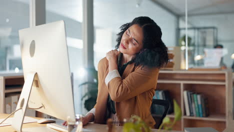 Back-pain,-night-and-woman-in-office-with-computer