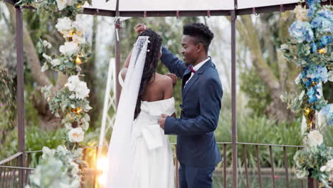 Wedding,-first-dance-and-black-couple-in-garden