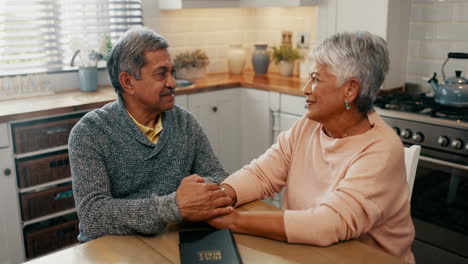Senior-couple,-prayer-and-bible-in-home