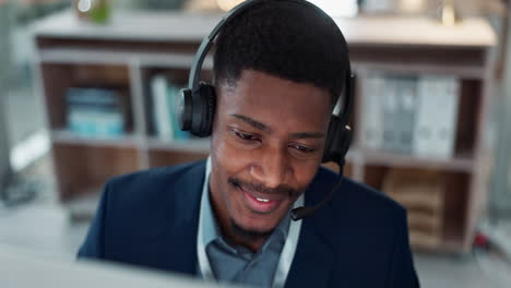 Happy-black-man,-face-and-headphones-in-call