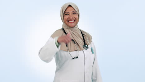 Gesicht,-Islamische-Frau-Und-Arzt-Mit-Erhobenem-Daumen