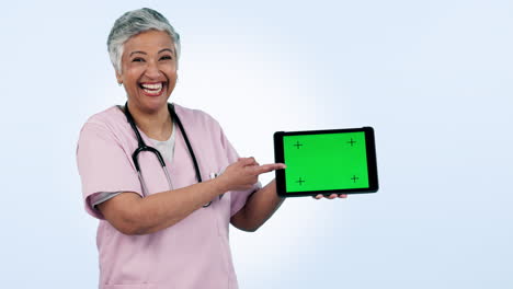 Krankenschwester,-Tablet-Greenscreen-Und-Frauenpräsentation
