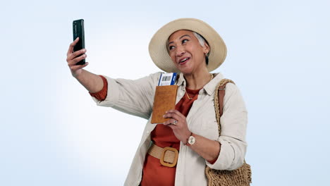 Passport,-video-call-and-senior-woman-in-studio