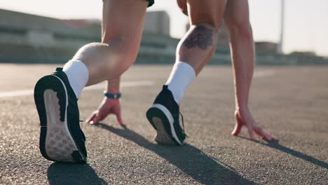 Person,-legs-and-start-on-road-for-running