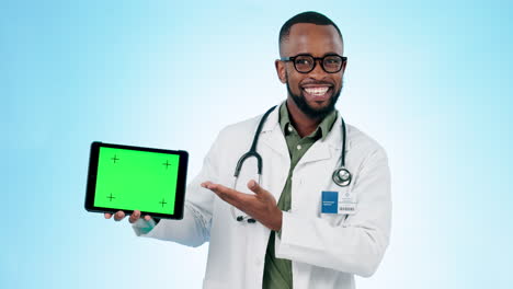 Doctor,-man-and-green-screen-on-tablet