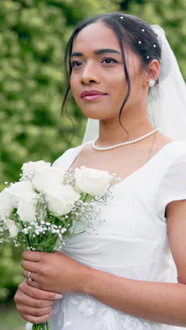 Bride-woman,-flowers-and-smile-on-face-for-event