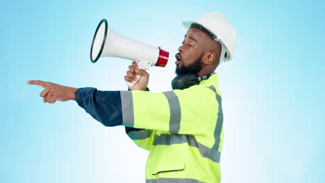 Black-man,-architect-and-pointing-with-megaphone