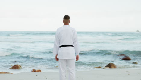 Karate,-Strand-Oder-Rücken-Eines-Mannes,-Der-Zum-Kampf-Bereit-Ist