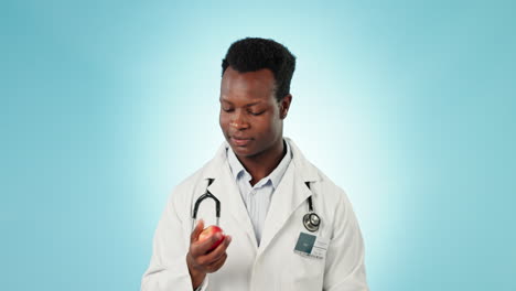 Arzt-Mit-Apfel,-Schwarzem-Mann-Und-Gesicht-Mit-Gesundheit