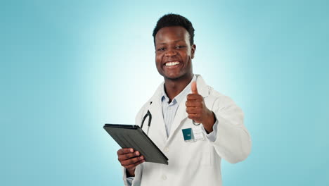 Black-man,-doctor-and-tablet-with-thumbs-up
