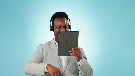 Happy-black-man,-tablet-and-call-center