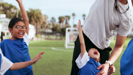 Kids,-sport-team-and-hands-for-teamwork-outdoor