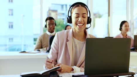 Business-woman,-writing-and-call-center