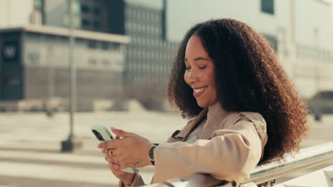 City,-smile-and-woman-with-a-smartphone
