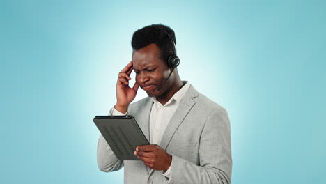Black-man,-tablet-and-call-center-with-headache