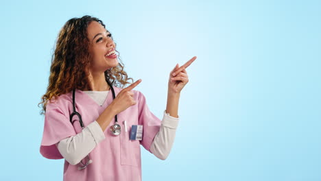 Mockup,-happy-woman-or-doctor-pointing-in-studio