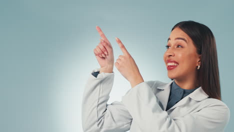 Woman,-hands-and-happy-scientist-pointing