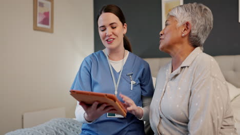 Hug,-tablet-and-nurse-with-senior-woman-in-bedroom