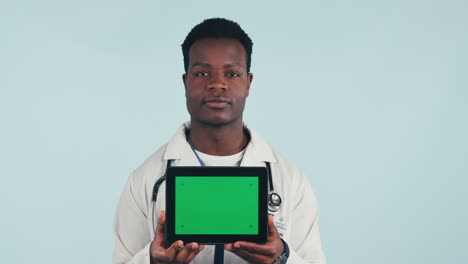 Face-of-doctor,-black-man-with-tablet