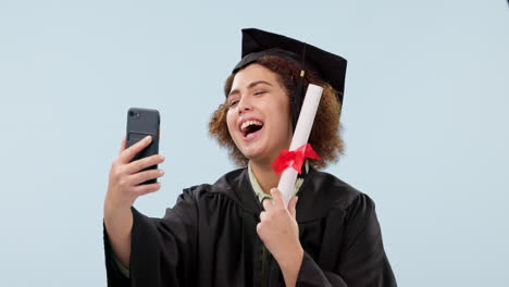 Graduate,-selfie-and-woman-in-studio-with-diploma