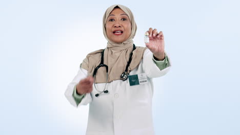 Face,-doctor-and-Islamic-woman-with-vial