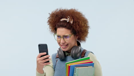 Phone,-funny-student-and-woman-in-university