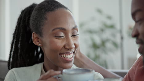 Laughing,-talking-and-a-black-couple-with-coffee